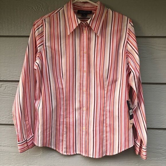 Jones New York petite Button Up Blouse coral stripe career office preppy PL - Picture 2 of 8